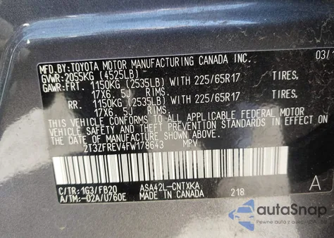 2015 Toyota Rav4 Le z USA, uszkodzony, nr VIN 2T3ZFREV4FW178643